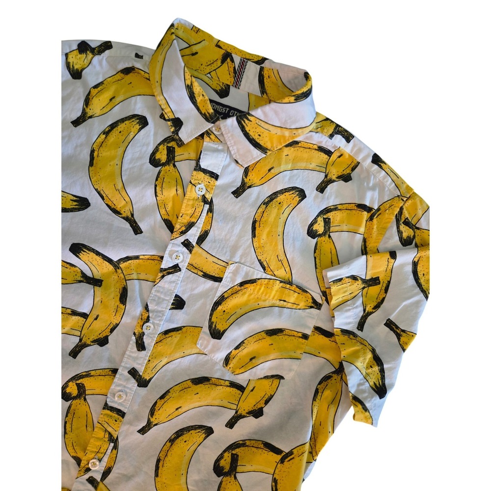 Amongst Others Mens Banana Print Button Down Shirt Short Sleeve White Yellow M